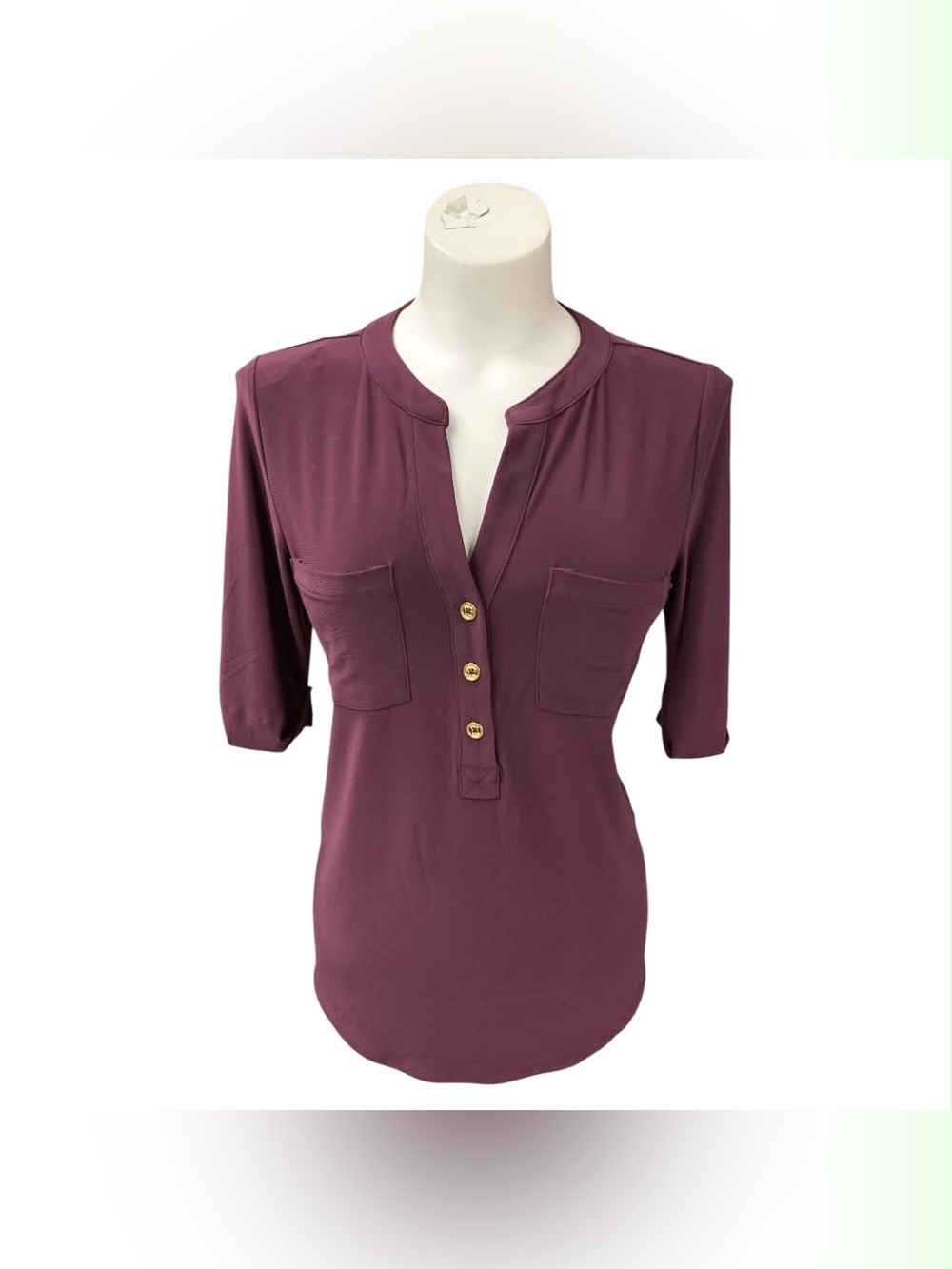 Anne Klein Plum Henley Top with Gold Buttons Size S